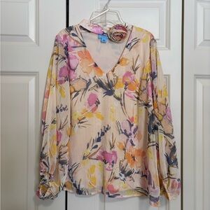 NWT CeCe Floral V-Neck Blouse - Pink and Yellow